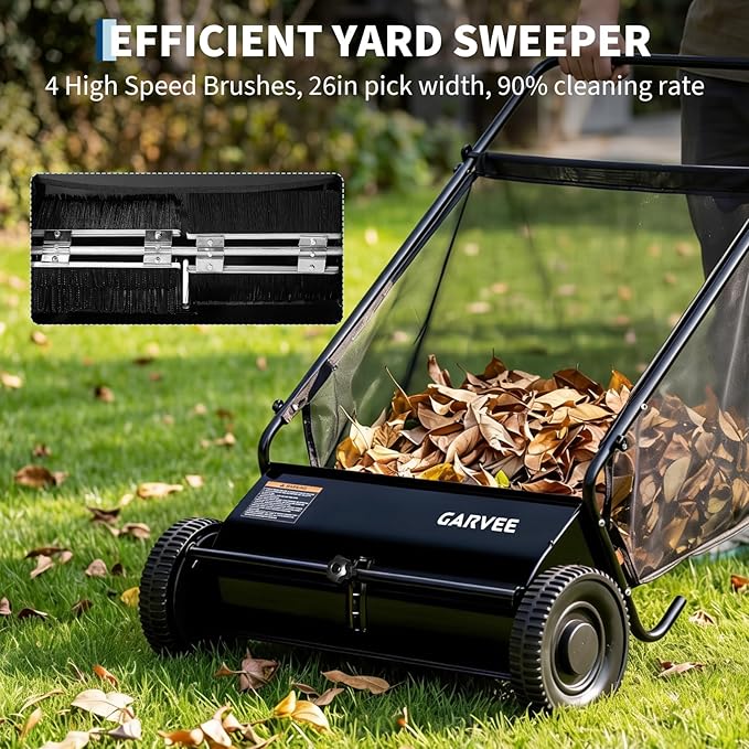 Push Lawn Sweeper 26Inch-Heavy Duty Walk Behind Leaf Collector and Yard Sweeper for Outdoor,Patio,Driveway,Garden Grass Sweepers,4 High Speed Spinning Brush,7 Cu. ft. Hopper Capacity
