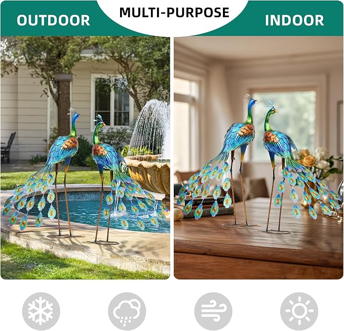 Oversized Peacock Decor Set of 2, 32" Outdoor Metal Yard Art | Hand-Painted Metal Peacock Sculpture. Weatherproof Garden Art for Lawn, Flower Beds, Patio, Backyard, or Indoor Home Decor.