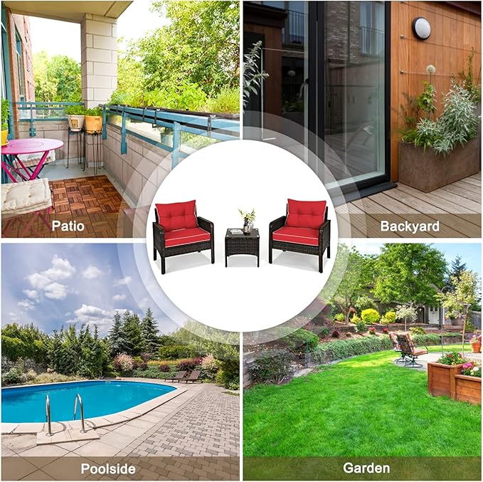 ORALNER 3-Piece Patio Conversation Set, All-Weather Wicker Sofa Chair and Coffee Table Set with Thick Cushions, Outdoor Furniture, Rattan Bistro Set for Balcony Deck Porch Poolside Garden (Red)