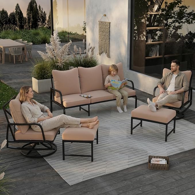 Soohow Patio Furniture Set, 5 Piece Outdoor Patio Furniture Set, 2 x Outdoor Swivel Chair, 1 x 3-Seats Sofa and 2 x Ottoman, Metal Conversation Set for Porch, Balcony, and Backyard