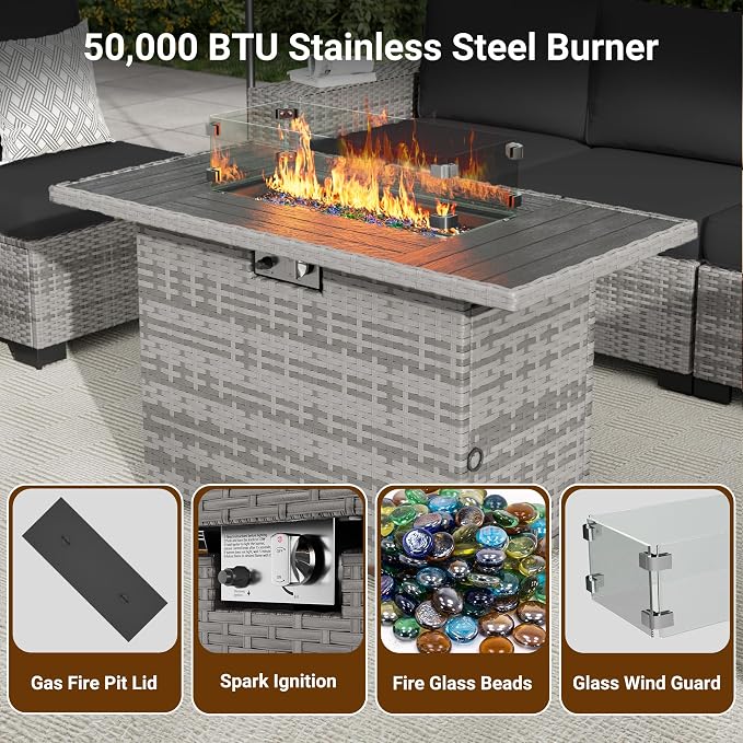 Patio Furniture Set with 44'' Propane Gas Firepit Table, 10 PCS Modular Outdoor Sectional Conversation Sets, All-Weather Wicker Patio Set for Backyard, Black (Waterproof Covers Included)