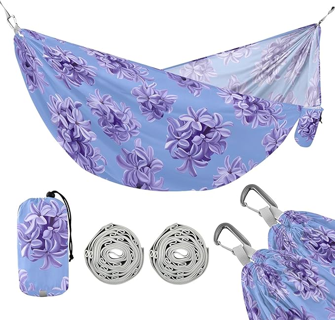 Camping Hammock Outdoor Hammocks for Outside Hyacinth Flowers Purple Beach Trees Portable Lightweight with Pockets Tree Straps Indoor Small