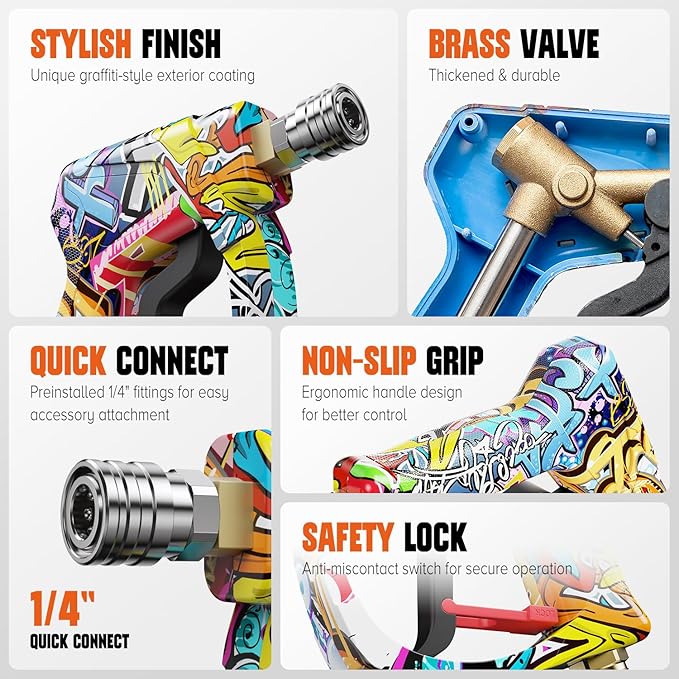 Short Pressure Washer Gun with Swivel 3/8" & M22-14mm Connect High Pressure Washer Handle with 5 Spray Nozzle, 1/4" Quick Connector Coupler Power Washer Gun Compatible with Foam Cannon