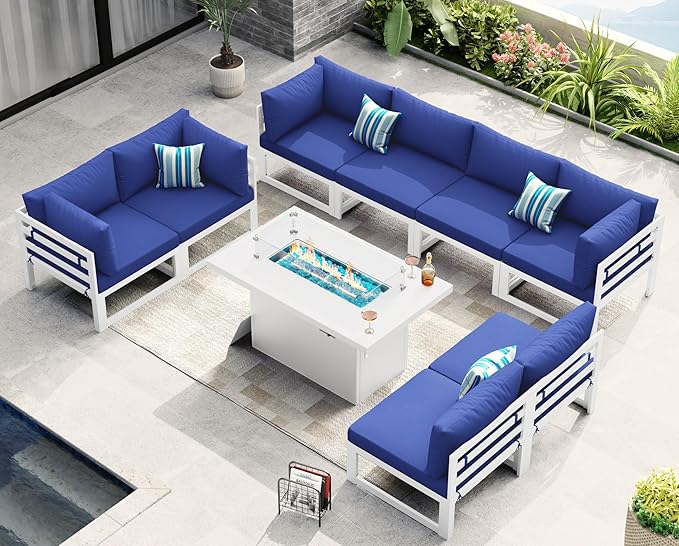 NICESOUL 9 Piece Modern Aluminum Patio Furniture Set with Fire Pit Table, 500 lbs Heavy Duty Outdoor Sectional Sofa, 29" Deep Wide Oversized Seating Conversation Couch for Garden Exterior, Navy Blue