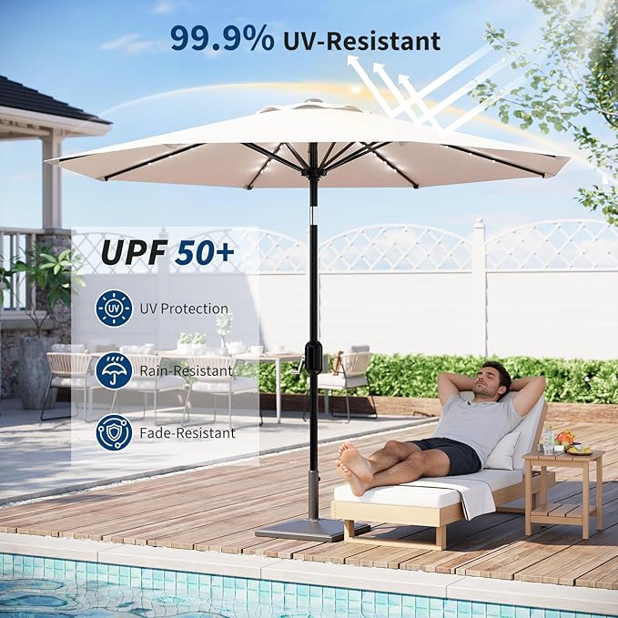 Garvee 9/10 FT Solar Patio Umbrella with 32 LED Lights - Outdoor Table Umbrella with Crank Lift, Push Button Tilt and 8 Sturdy Ribs - Market Umbrella UV Protection for Pool, Deck, Yard, Garden