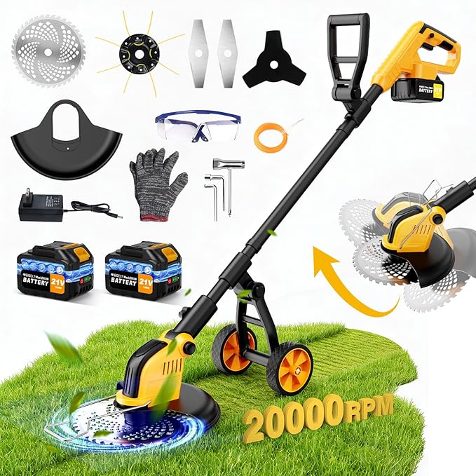 20000RPM Electric Weed Wacker Battery Powered 6000mAh, 800W Brushless Weed Eater with Wheels, 4-in-1 Brush Cutter/String Trimmer/Grass Trimmer/Edger Tool,Stringless Weed Trimmer Metal Blade,2 Battery
