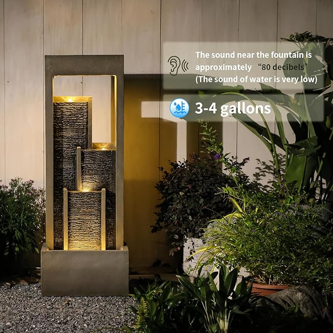 Indoor Waterfall Fountain, 52" Modern Tiered Indoor Water Feature with LED Lights, Resin Freestanding Garden Water Fountain for Patio, Room Decor Backyard Waterfall Feature, Gray Stone Look