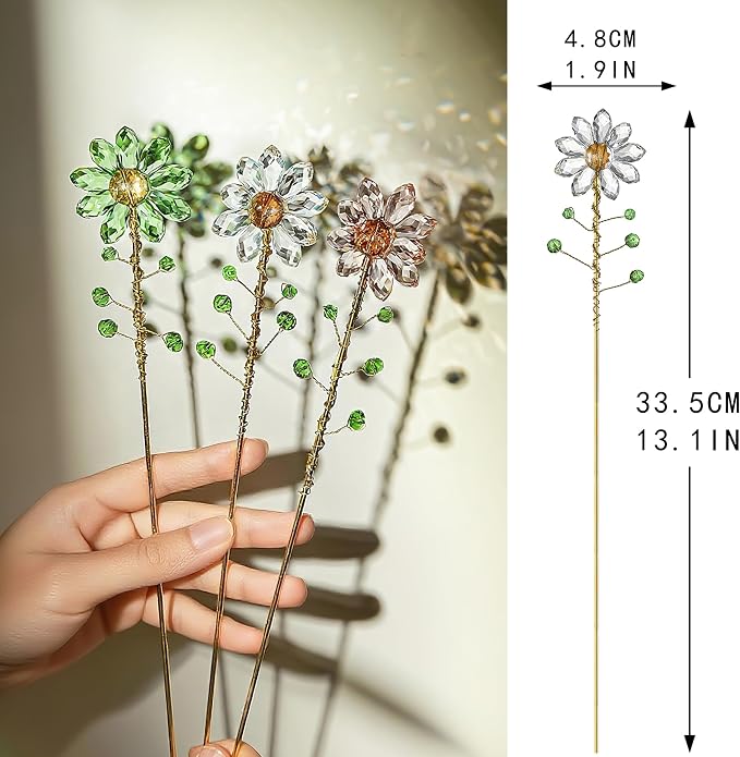 3Pcs Crystal Sunflower Suncatchers with 13'' Gold Trellis Metal Plant Stake | Glass Plant Suncatcher Garden Stakes for Indoor Outdoor Garden Potted Plants Decorations Plant Lover Gift(Clear, Green, Pink)