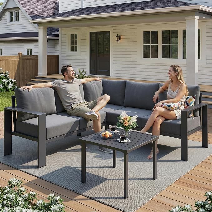 UDPATIO 6 Piece Patio Furniture Set, Metal Outdoor Sectional Sofa with 6" Thick Olefin Cushions, Wide Armrest & Coffee Table, L Shaped Outdoor Furniture for Garden, Backyard Dark Grey