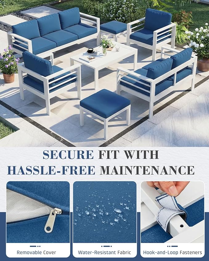 AECOJOY Aluminum Patio Furniture Loveseat, Modern Outdoor Furniture with Washable 5 inch Thick Cushion, Blue Cushion