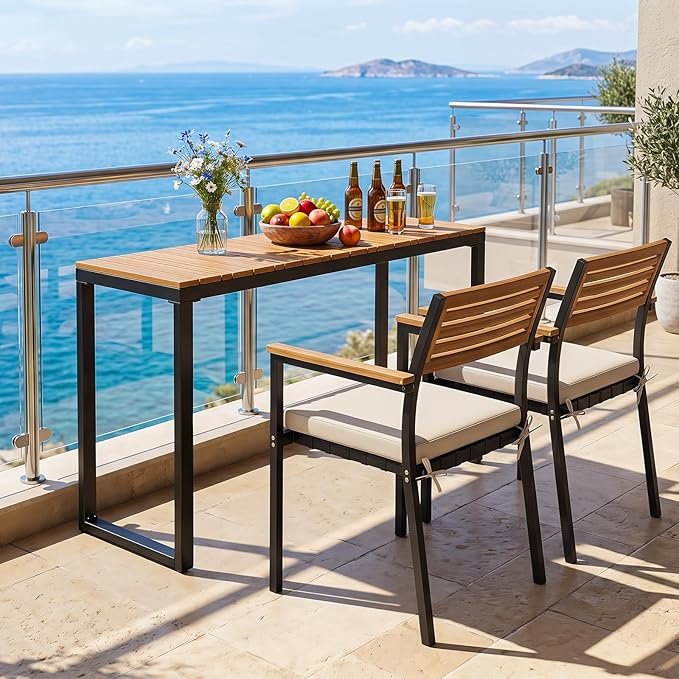 Tangkula Outdoor Console Table, Narrow Patio Dining Table with Acacia Wood Top & Metal Frame, Buffet Table for Small Space, Plant Stand for Deck Poolside Garden Entryway Porch, Natural
