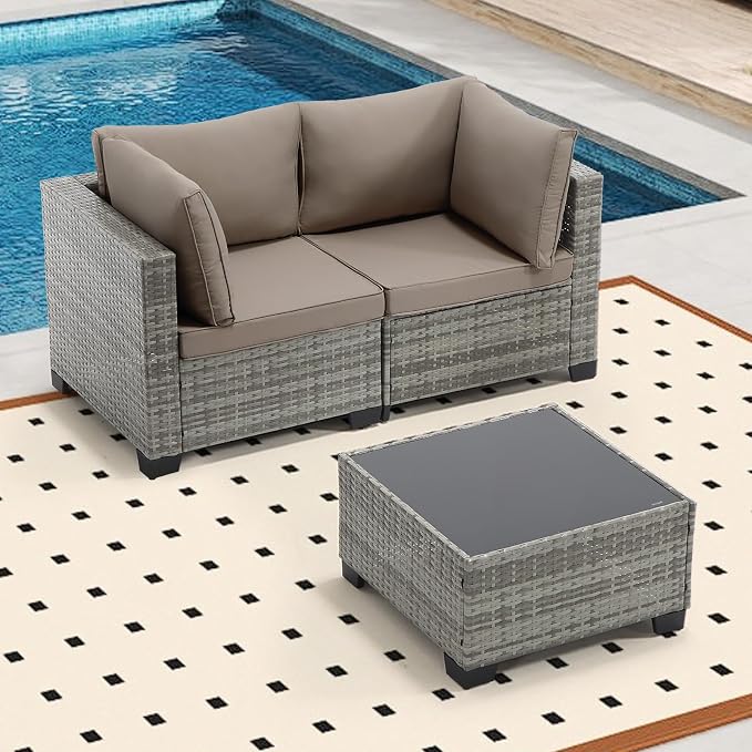 Bonzy Home 3 Pieces Outdoor Patio Furniture Set, PE Rattan Outdoor Sectional Furniture Sofa Set with Removable Cover and Glass Coffee Table, Patio Sofa for Balcony, Porch, Garden, (Grey-Khaki)