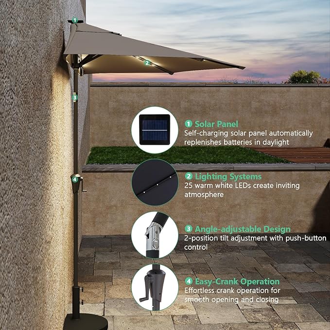Helios&Hestia 9 ft Small Half Round Solar Powered Wall Outdoor Market Patio Umbrella with LED Lights and Tilt for Garden, Deck, Balcony