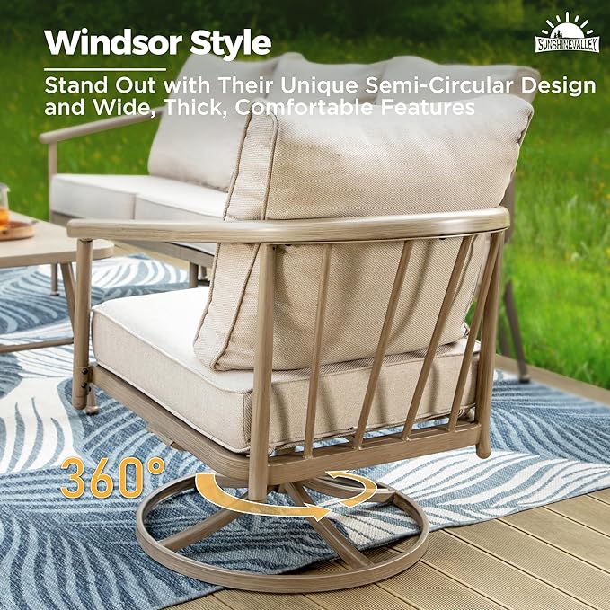 4 Piece Metal Outdoor Patio Furniture Sets, Unique Windsor Style Patio Conversation Sets 1 3-Seater Sofa, 2 Swivel Chair and Coffee Table with 5.75" Thick Cushion, Backyard Furniture