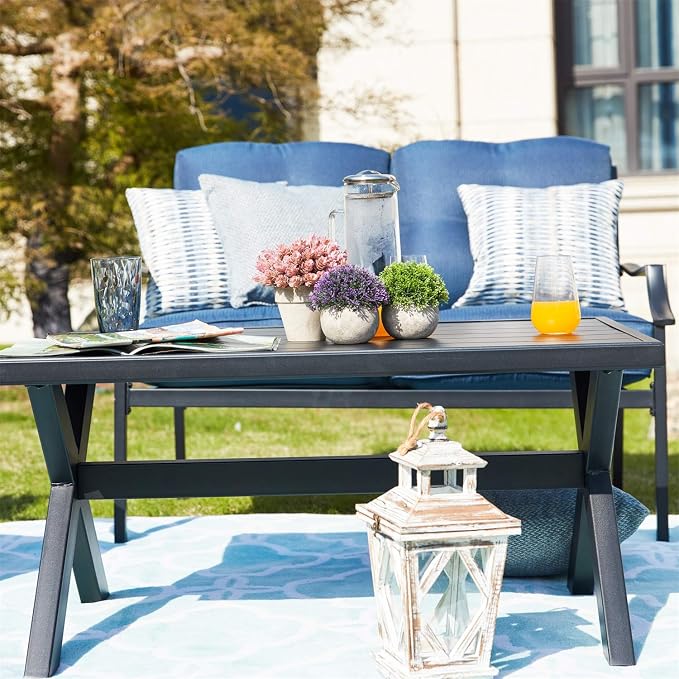 4 Pices Patio Furniture Conversation Set,Metal Outdoor Furniture Set w/All Weather Cushioned Loveseat,Poolside Lawn Chairs,Coffee Table