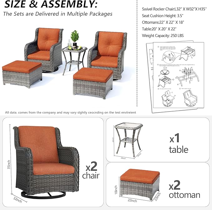 5 Piece Outdoor Patio Furniture Set Wicker Conversation Bistro Set Swivel Rocking Chairs with Side Table and Ottomans for Backyard, Porch, Deck(Mixed Grey/Orange)