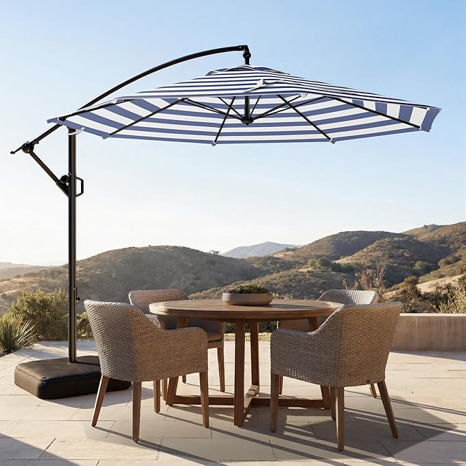 HOMSHADE 10ft Offset Patio Umbrella wIth Base, Cantilever Offset Hanging Patio Outdoor Market Umbrella UPF50+ UV Protection with Easy Tilt and Crank for Pool Deck and Garden(Navy Blue Stripes)