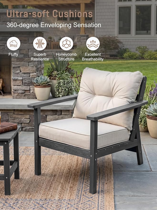 HDPE Patio Conversation Set 8 Seats, Outdoor Furniture Set, Patio Sofa Set | Water-Resistant Thick Cushion, HDPE All Weather, Wood-Grain, No Rot or Rust or Crack, UV Fade Shield, Easy-Clean for Outside