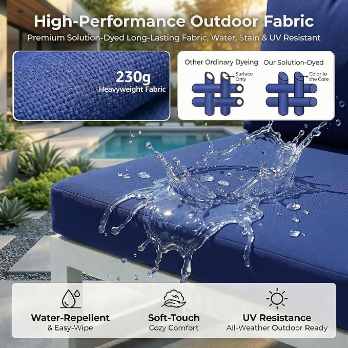 RADIATA 9 Piece Large Modern Aluminum Outdoor Patio Furniture Set with Fire Pit Table, 29" Wide Deep Seat, Rust Proof Comfy Sectional Sofa with Coffee Table, 500 lbs Sturdy Conversation Set, Navy Blue