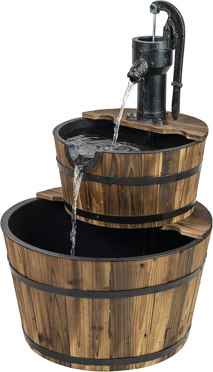 Sun-Ray 2-Tier Rustic Outdoor Fountain, 24in. Wide Garden Decor Water Fountain with Submersible Electric Pump and Cast Iron Hand Pump Accessory for Patio, Garden, and Yard