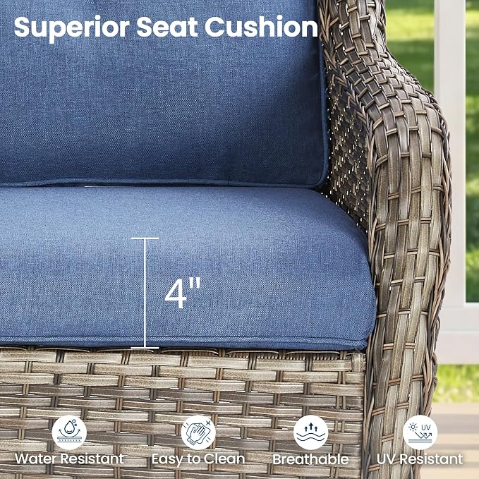 Patio Loveseat Sofa, Outdoor Wicker Loveseat with Luxury Thick Cushion, All-Weather Patio Furniture Set, Outdoor Glider Bench for Garden Balcony Backyard(Grey Wicker/Blue Cushion)