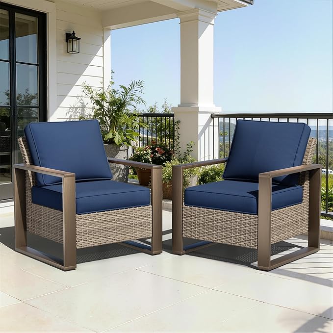 Patio Metal Wicker Chairs Set of 2, All Weather Outdoor Rattan Dining Chairs with Rectangular Framed Wood-Looking Armrest & Fade-Resistant Cushions for Deck Balcony Backyard, Dark Blue