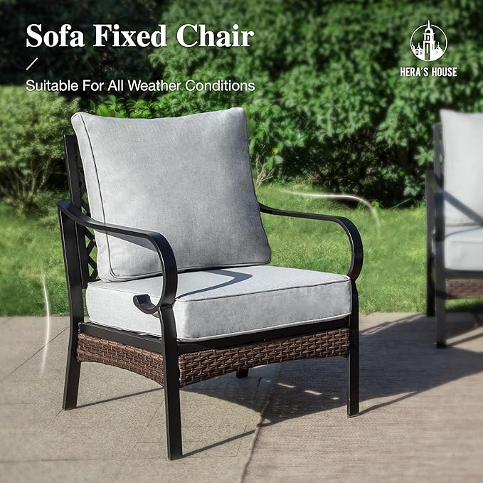 HERA'S HOUSE 5 Piece Metal Patio Furniture Set with 56" Fire Pit Table, All Weather Outdoor Conversation Set, 3 Seat Sofa with Loveseat, 2 Fixed Chairs, Seats 7 for Backyard, Garden, Deck, Light Grey