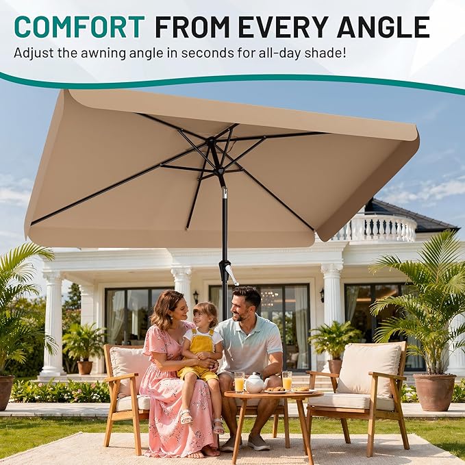 AreShark 6.5 x 10 FT Rectangular Valance Patio Umbrella, Outdoor Umbrella with Tilt and Crank, Market Table Umbrellas W/ 6 Ribs UV Protection for Garden, Deck, Backyard and Pool, Beige