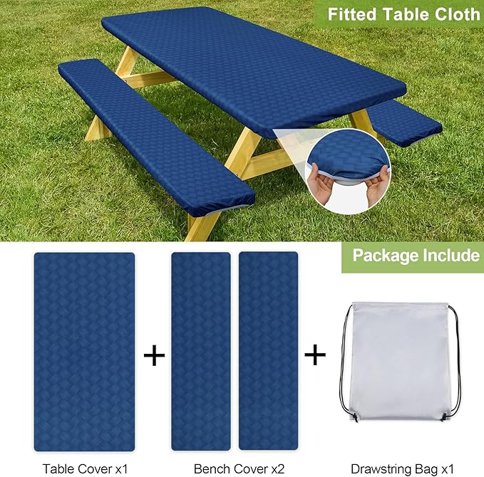 Play Tailor Picnic Table Cover with Bench Covers Camping Essentials Waterproof Windproof Camping Tablecloth with Drawstring Bag, Fitted Rectangle Tables and Seats, 72in, Deep Blue