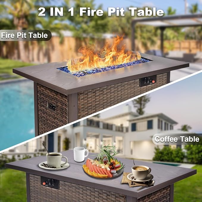 15 Piece Patio Furniture Set with 44" Fire Pit Table, Outdoor Sectional Couch, PE Rattan Patio Conversation Sets with 4inch Cushions for Backyard Grey