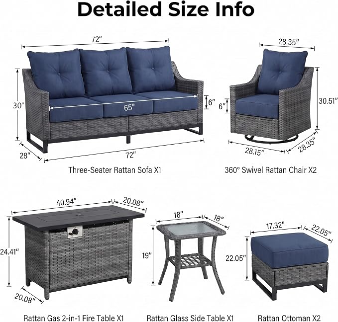 Luxury Outdoor Patio Furniture Set with 6-Inch Thick Cushions, High Back Wicker Swivel Rocker Chairs, 7 Pcs All Weather Conversation Set for Deck,Yard and Poolside