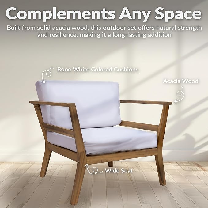 Sunnydaze 3-Piece Outdoor Patio Furniture Set - Bodie Acacia Wood Patio Conversation Set - Outdoor Seating with Cushions - Bone White