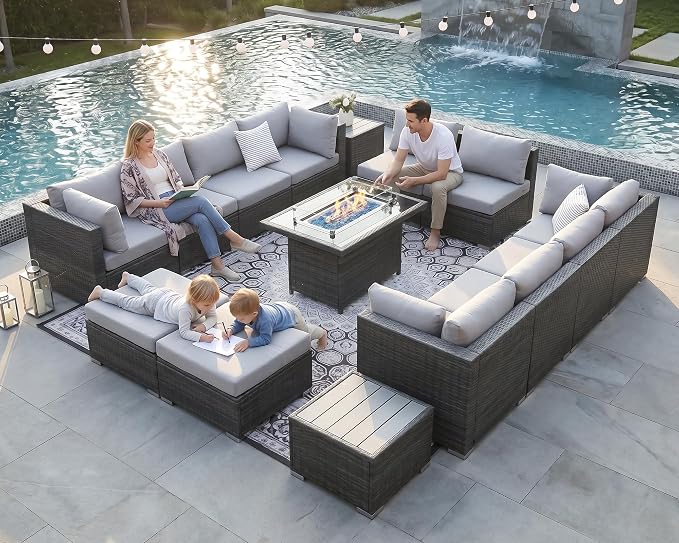 NICESOUL 15 Piece Outdoor Sectional with Fire Pit Table, Modern Luxury Patio Deep Seating w/Firepit, 29.3'' High-Back Wicker Couch Thick, Big High-Weight Capacity Sofa for Terrace, Yard, Light Gray