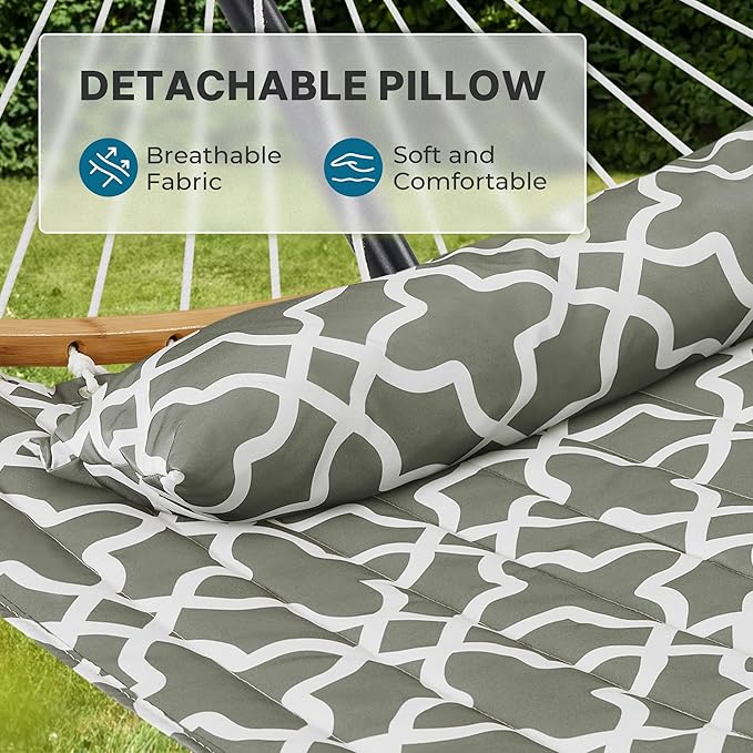 SUPERJARE Hammock with Stand, 2 Person Heavy Duty Hammock with Padded Cotton, Detachable Pillow & Strong Curved-Bar & Portable Carrying Bag, Perfect for Outdoor & Indoor, Grey with White Flower