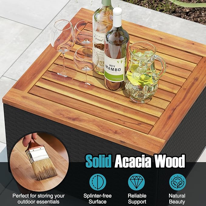 HAPPYGRILL 3 Pieces Patio Conversation Set with Storage Coffee Table, PE Rattan Wicker Patio Furniture Set with Cushions, Outdoor Acacia Wood Sofa Set for Balcony Backyard Porch Garden