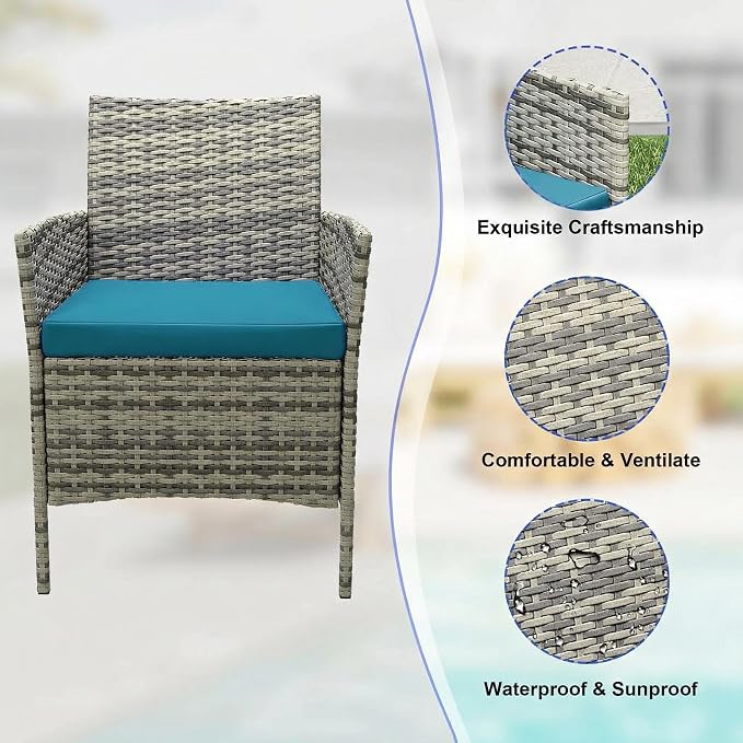 GarveeLife 3 Piece Patio Furniture Set, Rattan Outdoor Furniture with 2 Chairs & Coffee Table, Modern Outdoor Seating Conversation Bistro Set for Garden Backyard Porch (Grey and Peacock Blue)