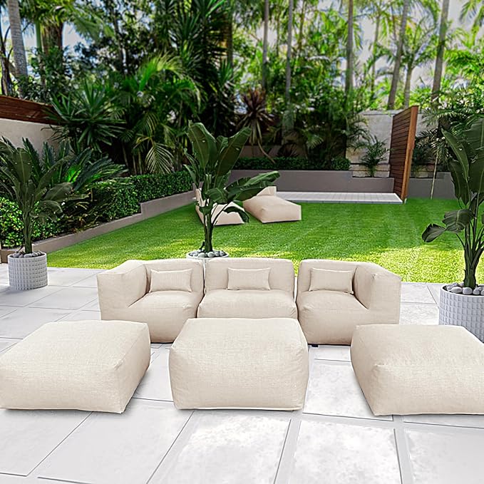 Patio Furniture Set Bean Bag Chairs PortoCervo 6PC Outdoor Chairs Sectional Conversation Patio Set Daybed Furniture Outdoor Sofa Couch High Density Foam Filling Modern Comfy Patio Couch (Light Beige)