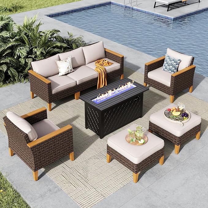 MFSTUDIO 7 Piece Patio Furniture Set with Fire Pit Table, 2 x Single Chair, 2 x Ottoman, 3-Seat Sofa, All-Weather PE Rattan Patio Conversation Set Sectional Sofa for Garden, Backyard(Beige Cushions)