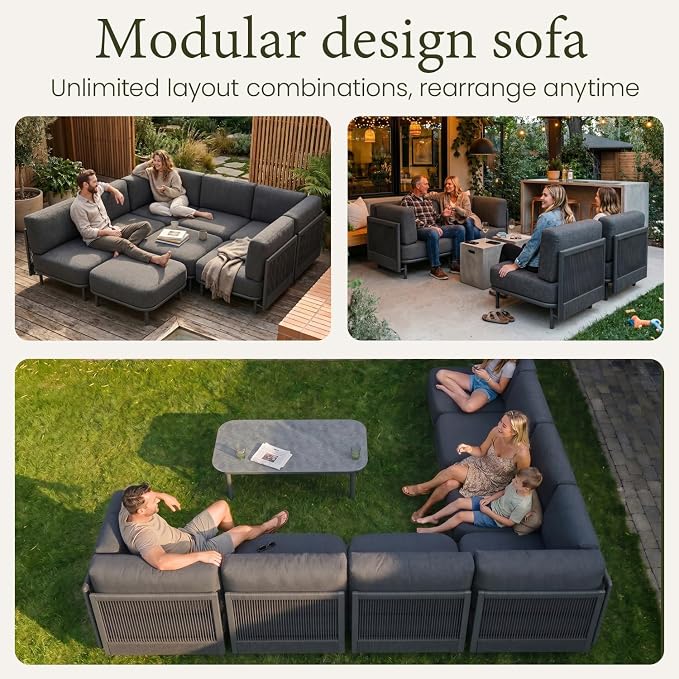 LayinSun 11 Pieces Patio Furniture Set with Fire Pit Table, Modern Outdoor Modular Sectional Conversation Set L-Shaped Sofa with 7-inch Cushion for Garden Backyard Deck