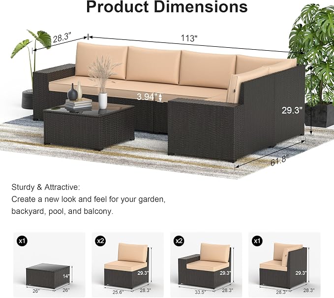 Patio Furniture Set, 6PCS Patio Sectional with Ottoman Wicker Rattan Outdoor Furniture with Thickened Cushion Modular Wicker Patio Conversation Set with Glass Top Table for Balcony, Backyard(Khaki)