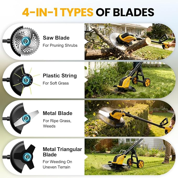 21V 800W Brushless Cordless Weed Wacker, 12 Inch Electric Weed Eater with Wheels, 2×3000mAh Batteries Included & 4 Cutting Blades for Lawn Garden Yard Maintenance