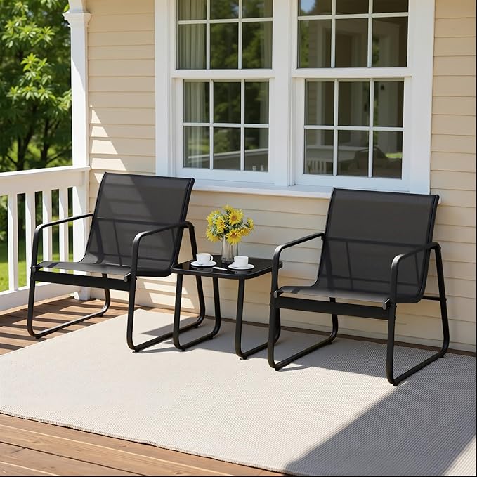 Gizoon Patio Chairs Set of 2, Patio Bistro Set 3PCS, Outdoor Patio Furniture Set with Rust-Resistant Metal Frame, 330LBS Capacity，for Balcony/Lawn/Patio/Pool, RCS Certified Recycled Material, Black