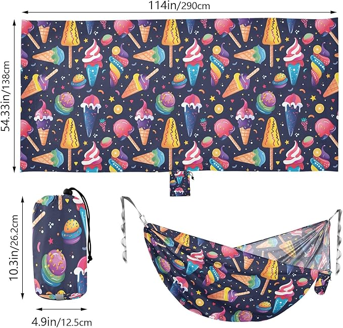 Camping Hammock Outdoor Hammocks for Outside Colorful Ice-Cream Beach Trees Portable Lightweight with Pockets Tree Straps Indoor