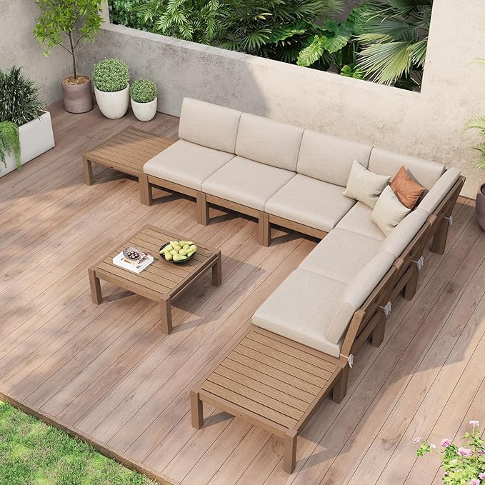 Stoog 11-Piece Patio Conversation Set, 8-Seats Outdoor Sectional Sofa Set - Modular & Waterproof HIPS Frame, Quick-Dry Olefin Cushions, Teak