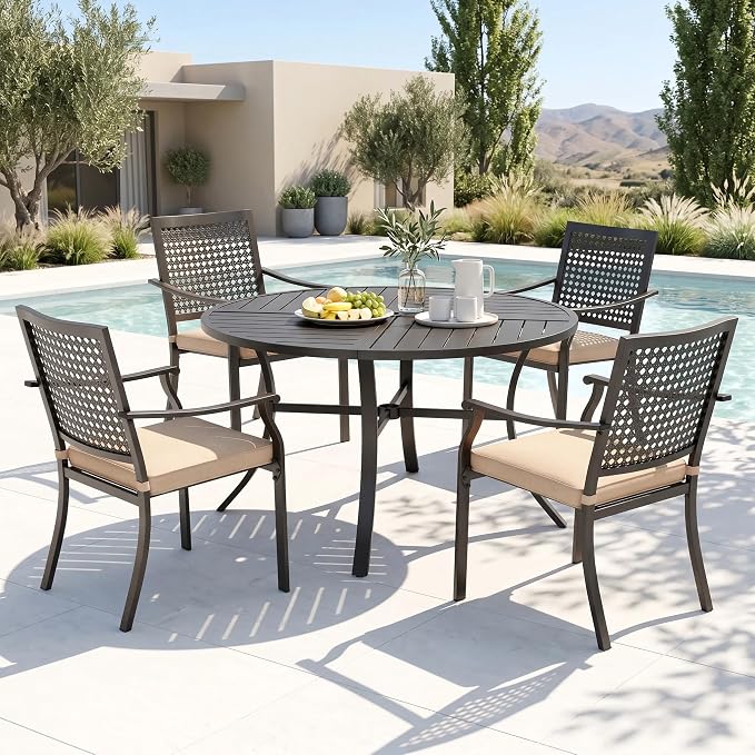 PHI VILLA Outdoor Dining Set for 4, 42" Round Metal Table w/Umbrella Hole | 5 pcs black wrought iron furniture set w/ cushions. All weather for patio, deck, yard, porch