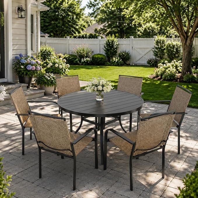 Anmutig Round Outdoor Dining Table, 48 Inch All-Weather Patio Table with Adjustable Umbrella Hole for Deck Lawn Garden Backyard Balcony Deck, Black Metal Frame Slatted Tabletop
