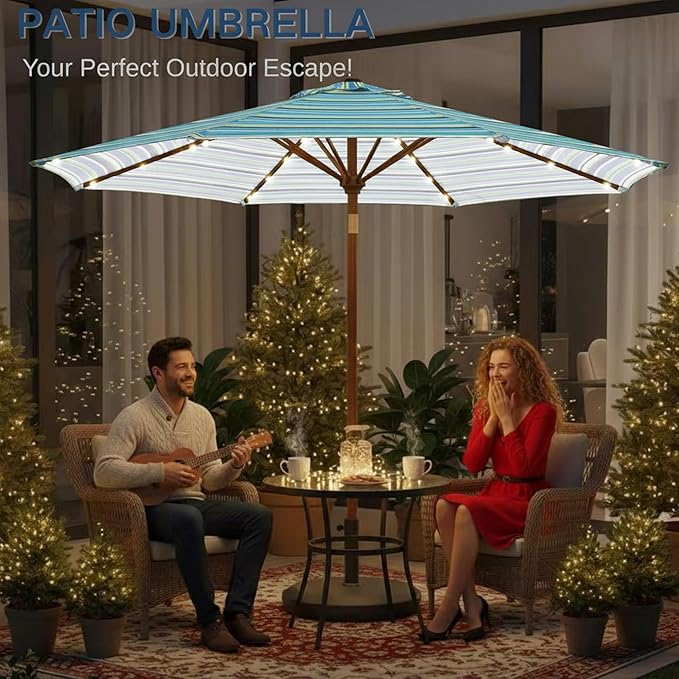 9' Solar LED Patio Umbrella with Tilt & Crank|8 Sturdy Ribs,UV Protection,Outdoor Market Table Umbrella for Deck,Lawn,Pool,Backyard (Blue Green Stripes)