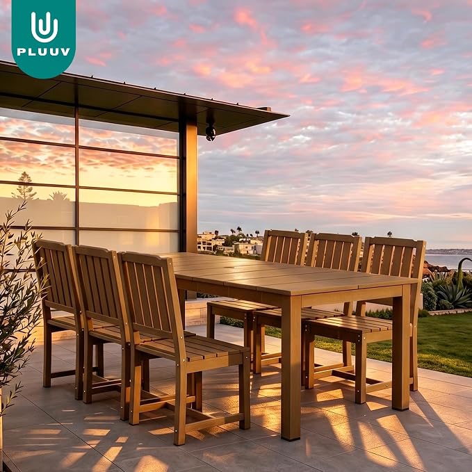PLUUV 7-Piece Outdoor Dining Set – HDPE Patio Furniture with Umbrella Hole Table, Aluminum Legs, and 6 Armless Chairs, Weatherproof & Easy-Clean for Backyard, Garden, Brown
