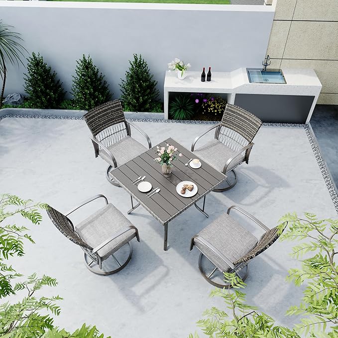 Pamapic 5-Piece Outdoor Dining Set, Rattan Outdoor Patio Set with Swivel Chairs, Removable Cushions & Iron Table, Patio Furniture for Deck, Backyard, Garden, Grey