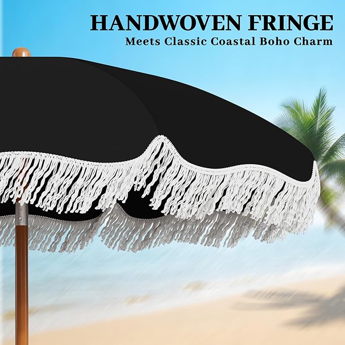 AreShark 7ft Patio Umbrella with Fringe, UPF50+ Beach Umbrella for Table, Pool & Garden, Portable Outdoor Tassels Umbrella w/Fiberglass Ribs&Push Bottom Tilt(Black)